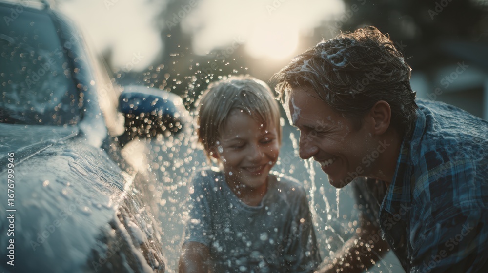 Obraz premium A joyful moment between a father and son, washing a car together, splashing water and sharing smiles under the warm sunlight.