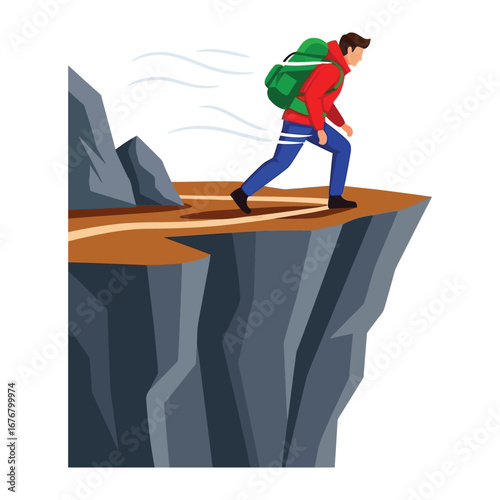 Hiking towards the Cliff: A determined individual strides confidently along a cliff edge, with a backpack on his back. Demonstrating Adventure and exploration!