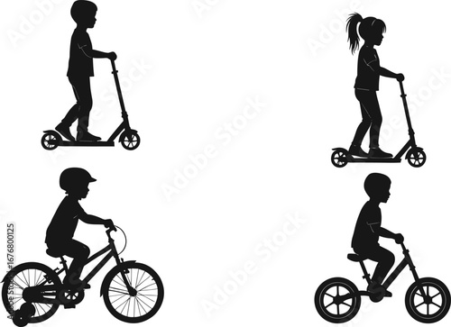 Silhouette vector illustration of children riding scooters and bicycles, showcasing active outdoor playtime, physical development, safety, and childhood mobility fun.