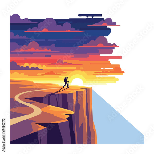 Journey of Discovery: A lone hiker ascends towards the sunset, their silhouette framed by a vibrant sky, symbolizing adventure and the pursuit of horizons.