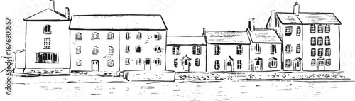 Ink illustration of traditional Devonshire seaside houses — coastal village architecture, historic waterfront homes, detailed black-and-white line art drawing of Devon coast scenery