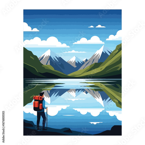 Scenic Serenity: A lone hiker pauses to admire the breathtaking panorama of a snow-capped mountain range reflected in the tranquil waters of a pristine lake.