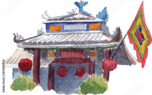 Vibrant watercolor painting of a traditional Vietnamese temple with curved roof ornaments, red lanterns, bright festival flag, and colorful architectural details in hand-painted artistic style