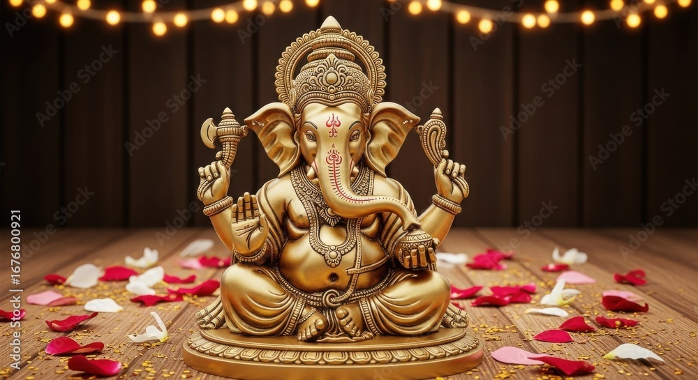 Fototapeta premium Golden statue of lord ganesha, the hindu god of wisdom and remover of obstacles