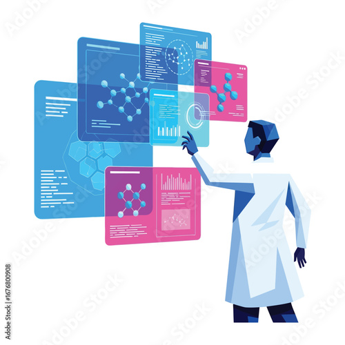 Scientific Data Analysis: A scientist, in a pristine lab coat, studies intricate data visualizations, embodying the dedication and precision integral to scientific exploration.