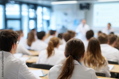 Diverse group of students in white coats attending medical lecture, rear view. Concept for healthcare education, pharmaceutical presentation, and scientific convention