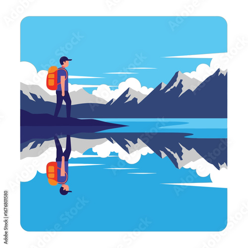 Scenic Reflection: A solitary adventurer, with a backpack, stands before a tranquil lake. Mountains stand in the distance reflecting off the pristine water, capturing a moment of pure exploration.