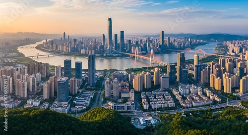 Modern Cityscape with River and Bridges at Sunset.