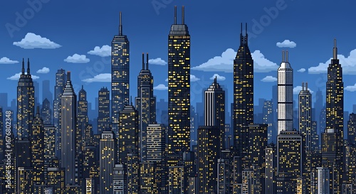 Nighttime City Skyline with Tall Skyscrapers Illuminated in Dark Blue Sky