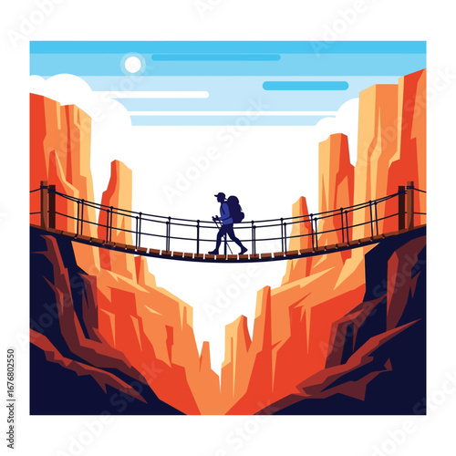 Adventurer Crossing the Canyon Bridge: A lone hiker, dwarfed by the majestic canyon walls, crosses a precarious bridge, embodying the spirit of adventure and the thrill of exploration.