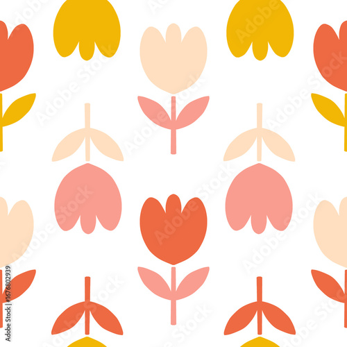 Scandinavian Leaf and Tulip Pattern Seamless Design in Yellow and Orange - Fall Autumn Style Transparent