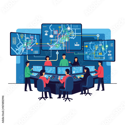 Digital Control Room: A bustling command center, filled with technicians, monitors, and data streams, visualizing the complexity of modern technological advancements.