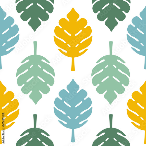 Seamless Pattern Backround Retro Leaf in Yellow, Blue, and Green – Scandinavian Folk Style Transparent