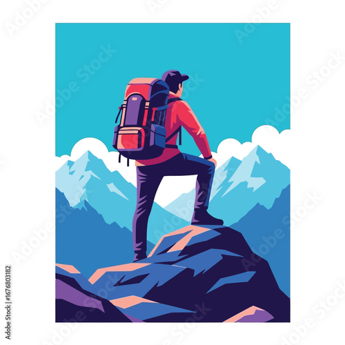 Adventurer on the Horizon: A lone adventurer stands atop a rugged mountain peak, gazing at a panorama of majestic mountain ranges, epitomizing human aspiration and the allure of the outdoors.
