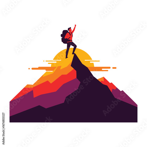 Summit Triumph: A vibrant illustration captures the triumphant spirit of a climber, reaching the summit against a backdrop of an ascending sun, symbolizes perseverance and conquering challenges.
