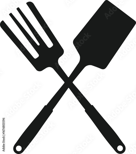 Silhouette of crossed barbecue grill fork and spatula on white background