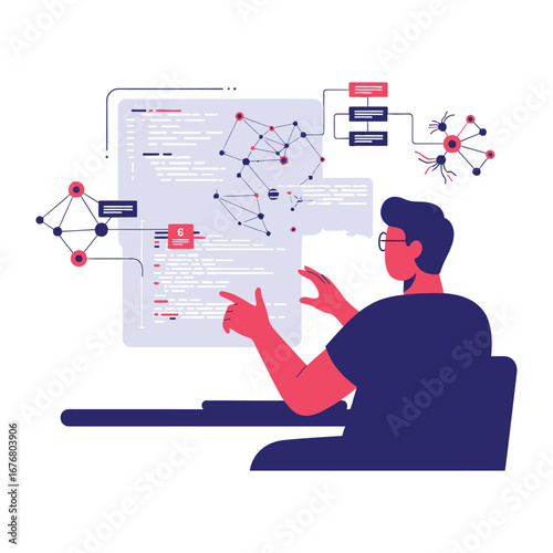 Data Analyst in Action: A data analyst deeply engaged in complex data analysis, manipulating intricate digital networks on screen. Focused and driven to discover insights.