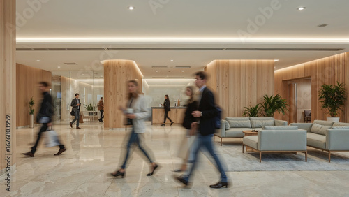 Blurred people walking in a modern office building's bright and airy lobby.