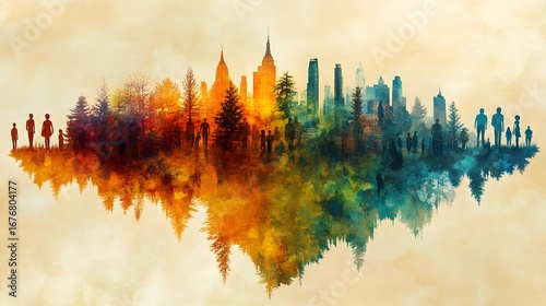 An abstract dreamlike composition depicting a silhouetted urban skyline reflected in a vibrant natural landscape