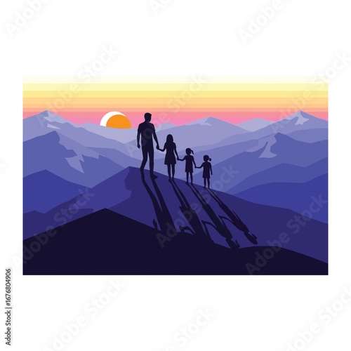 Family silhouette and sunrise : A stylized silhouette of a family, hand in hand, stands atop a mountain, gazing at a vibrant sunrise, symbolizing unity and the pursuit of adventure together.