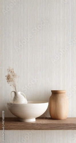 Wallpaper Mural A light beige shelf with minimalist ceramic and wooden objects Torontodigital.ca