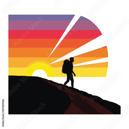 The Hiker's Ascent: A solitary hiker, silhouetted against a vibrant sunset, embarks on a journey, carrying a backpack. The image encapsulates the spirit of adventure, freedom.