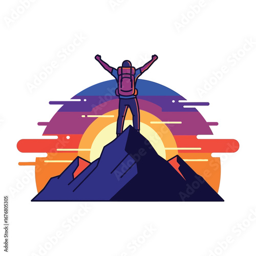 Summit's Echo: Witness the silhouette of a solitary climber standing atop a mountain peak, arms raised high against a vibrant sunset canvas, a triumphant moment of victory over the challenge.