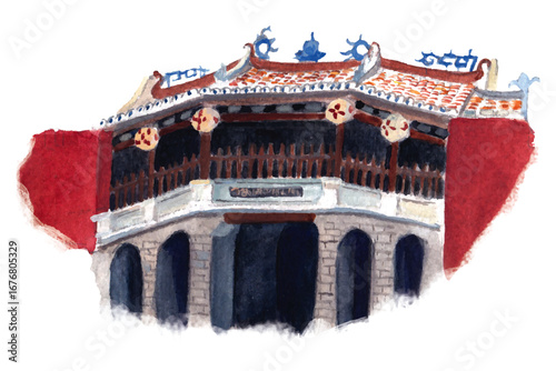 Watercolor illustration of the iconic Japanese Covered Bridge in Hoi An, Vietnam, featuring traditional roof tiles, lanterns, and historic wooden architecture painted in vibrant artistic style