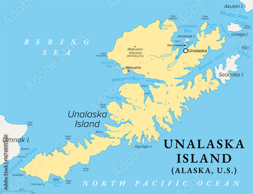 Unalaska Island, Alaska, United States, political map. Part of the Fox Islands of the Aleutian Islands. Unalaska covers part of the island and neighboring Amaknak Island where Dutch Harbor is located.