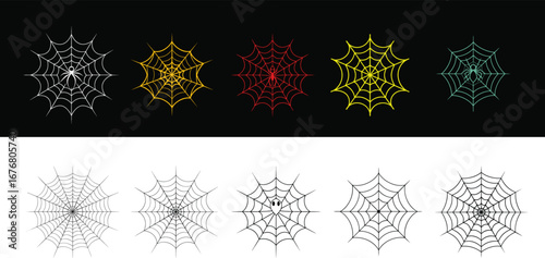 Spider web variations set against diverse backgrounds, showcasing intricate designs and vibrant color palettes for web design