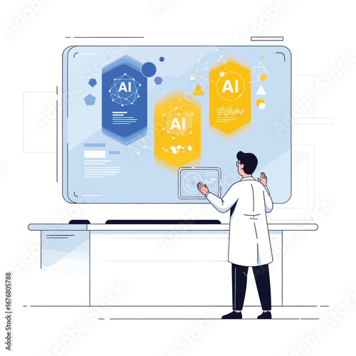 AI Lab Assistant: A scientist, immersed in the future of artificial intelligence, interacts with a holographic display, symbolizing innovation and discovery in a cutting-edge laboratory.