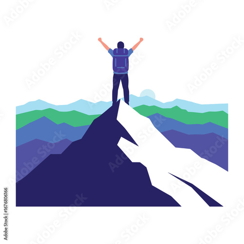 Summit Victory: A hiker stands triumphantly atop a majestic mountain peak, arms raised in exultation, celebrating the peak of achievement.
