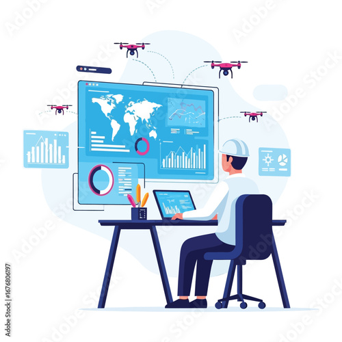 Drone Operation Interface: A digital artwork of a technician monitoring multiple drones via advanced interface displays data and analytics 