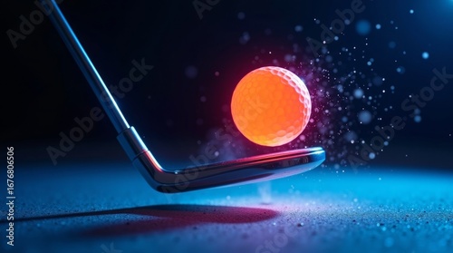 Golf club striking orange ball with neon light golf ball