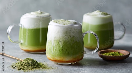 Three glasses of matcha latte with whipped cream