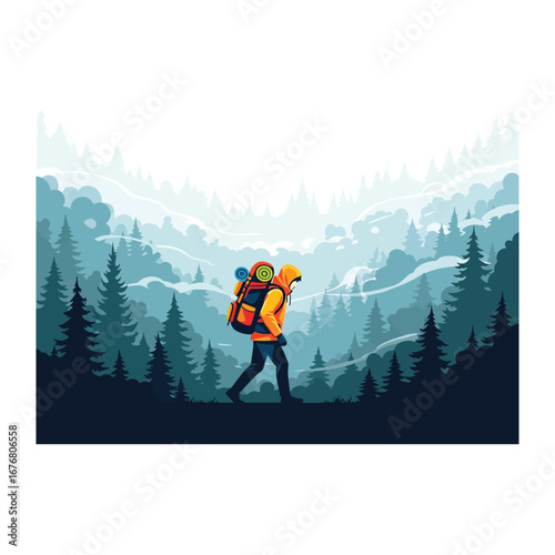 Backpack trek into Wilderness: A solo trekker hikes into a lush forest carrying a backpack, embodying the spirit of outdoor adventure and exploration. capturing a sense of solitude.