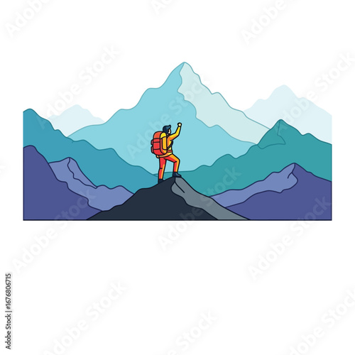 Reaching Summit Success: A determined hiker, standing atop a majestic mountain peak, raises a fist in triumph after conquering the challenging ascent.