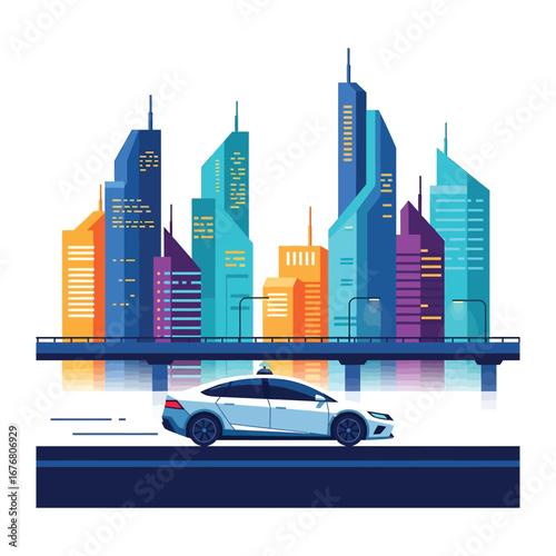 Urban Transit: A streamlined vehicle navigates a modern metropolis, symbolizing the intersection of transportation and contemporary urban design.