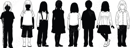 Silhouettes of Boys and Girls Standing in Line – Vector Children Figures for Education, Poster, Infographic or Family Concept Design