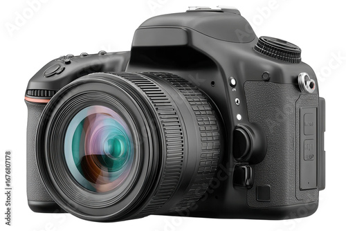 Professional dslr camera with lens on transparent background