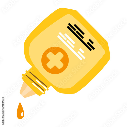 Bottle of antiseptic with a single drop of liquid falling from the tip cartoon illustration on white isolated background . Vector .