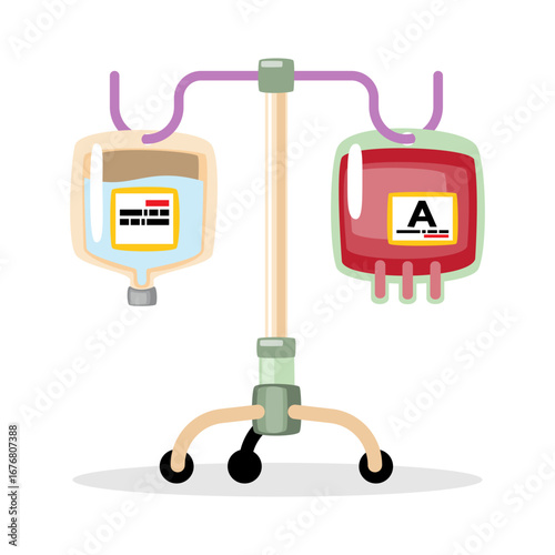 IV pole with saline solution and blood bag cartoon illustration on white isolated background . Vector .