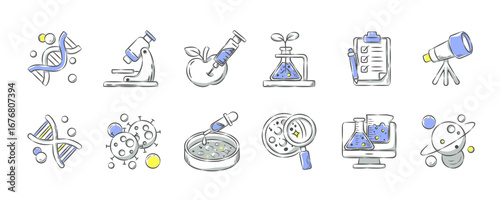 Science and Laboratory . Hand drawn icon cartoon illustration collection . Set 1 of 3 . Vector .