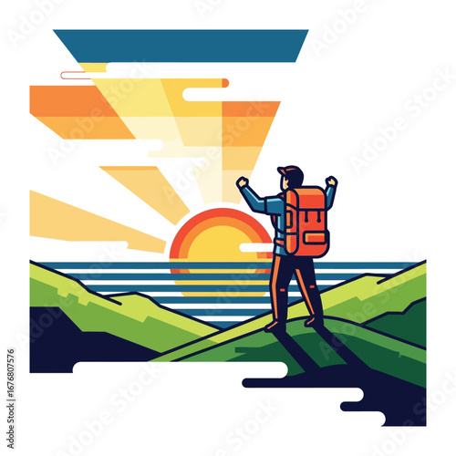Sunset Explorer: An illustrated person stands proudly, arms raised in triumph, overlooking a radiant sunrise above a tranquil sea, symbolizing adventure and the thrill of reaching new heights.
