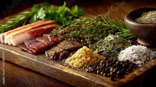 Fototapeta Naklejka Na Ścianę i Meble -  Smoked and cured meat assortment: ham, cured meat, salted biltong, spices and herbs