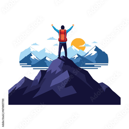Triumphant Ascent: A solitary adventurer celebrates a summit, arms raised against a backdrop of mountains, symbolizing triumph and the pursuit of excellence. 