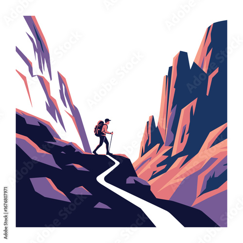 Ascending the Peaks: A lone hiker confidently strides along a winding trail carved into the steep mountain, embodying determination.