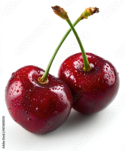 Two ripe, red cherries, glistening with water droplets, against a white background.  Their stems are joined, angled slightly outwards