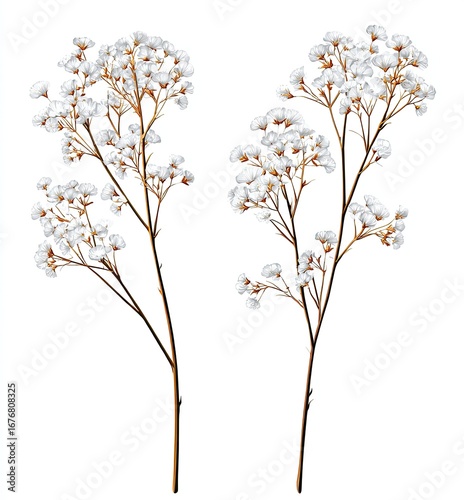 Two sprigs of delicate, white flowers with light brown stems