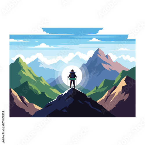 Solitude and Exploration: A solitary adventurer stands atop a rugged peak, silhouetted against the radiant sun, surveying a vast landscape of majestic mountains and endless horizons.